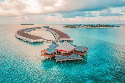 aerial photography of resort rooms and island