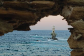 a lighthouse in a cave