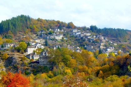 a small town nestled on a hill surrounded by trees