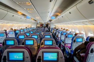blue and white airplane seats