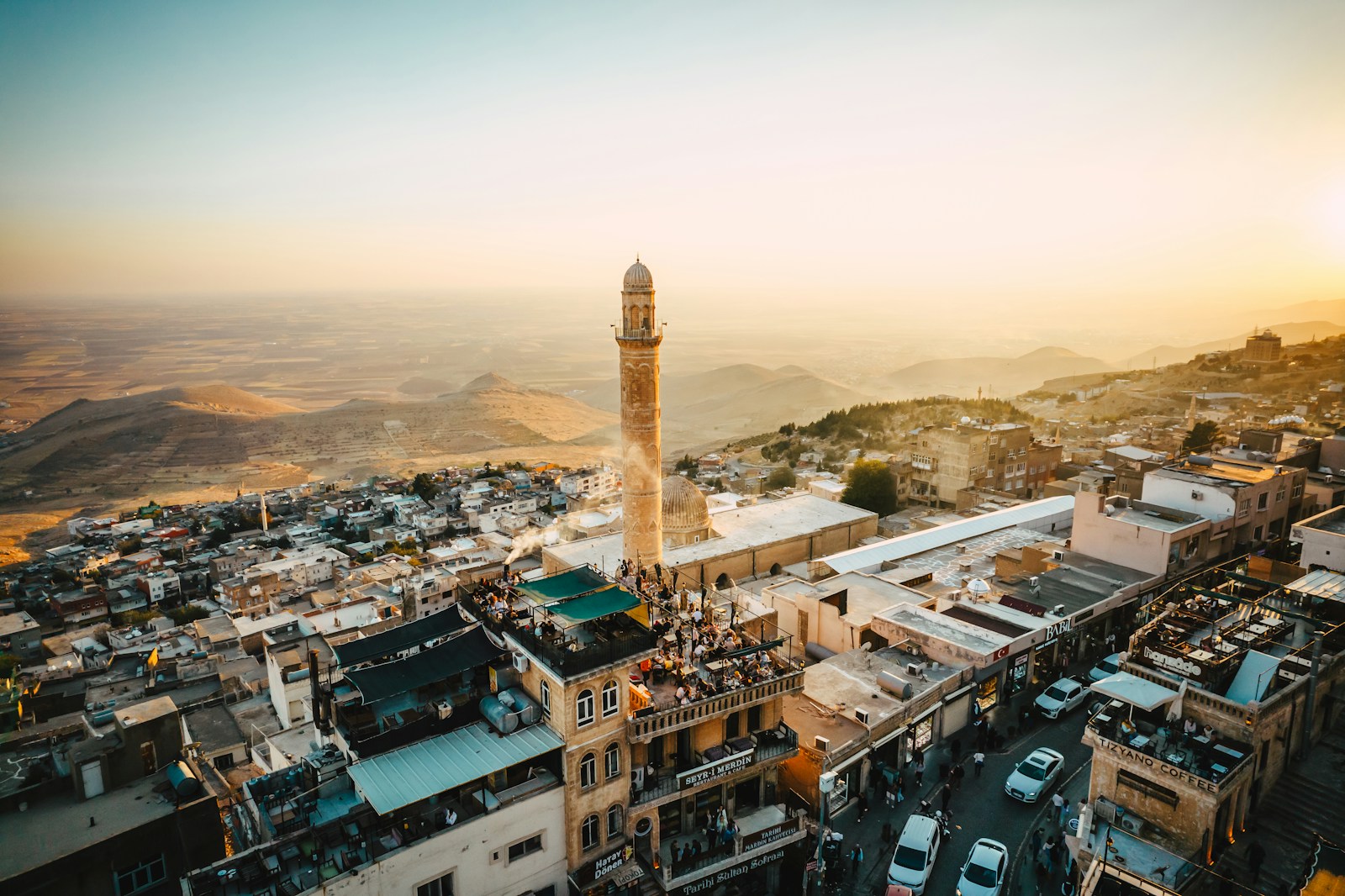 A view of a city with a tall clock tower
